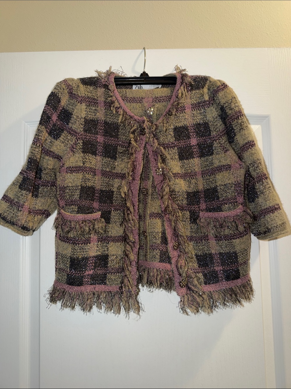 Zara Woven Plaid Fringe Jacket and skirt set in Olive & Mauve